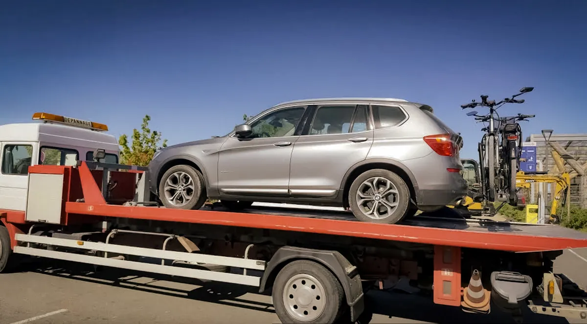 Dépanneuse JC Dépanneur transportant un SUV BMW